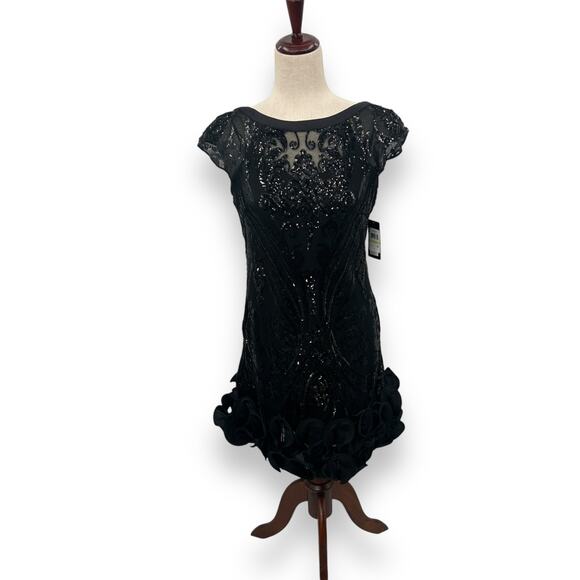 NEW Guess Black Sequin Cocktail Dress Size 4 Rosette Ruffle Mini Formal Hoco NWT - Picture 6 of 14